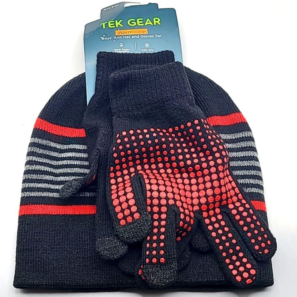 Tek Gear Boys' Winter Knit Hat & Gloves Set Black Red Gray Stripe Grip Dots NWT
